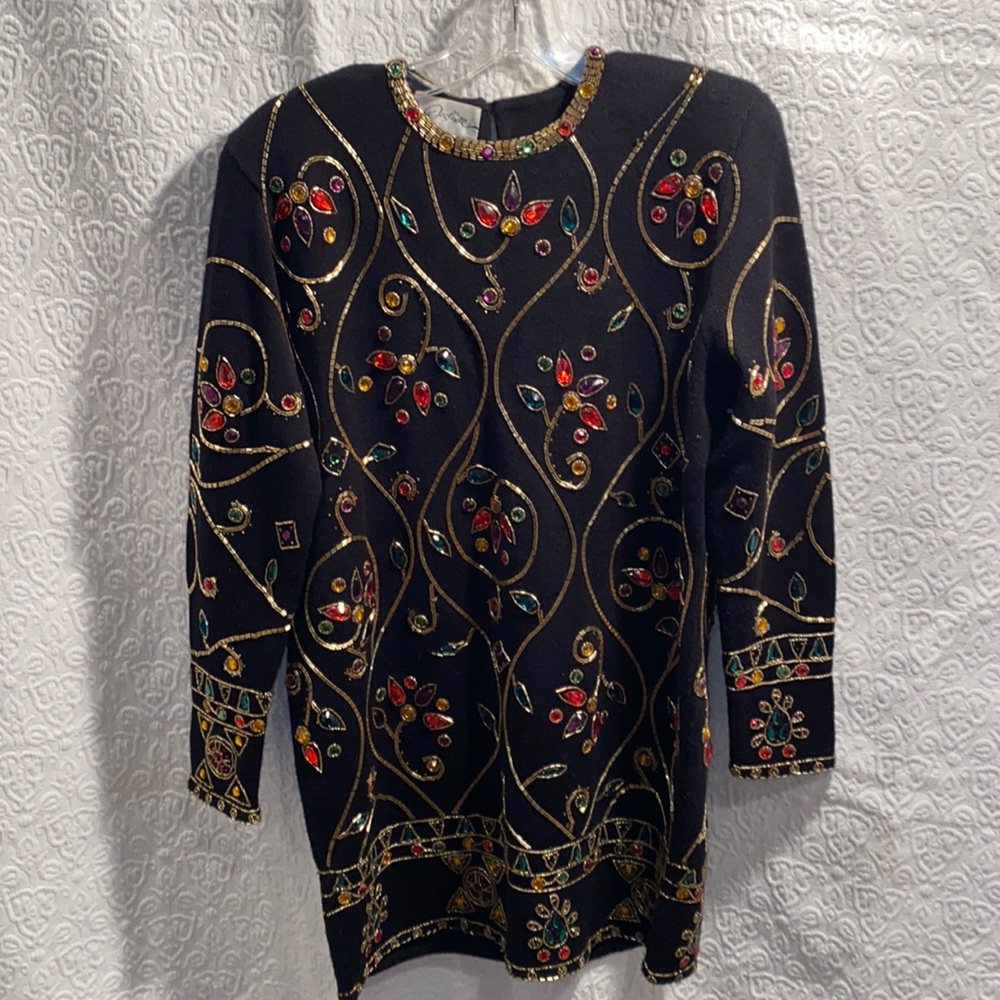 Vintage Destinee black sweater dress rhinestones sequins bling
